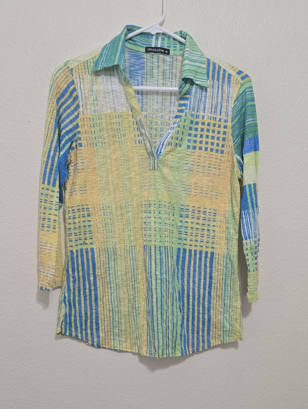 David Cline Green Blue Yellow Plaid Lightweight Button-Down Top M